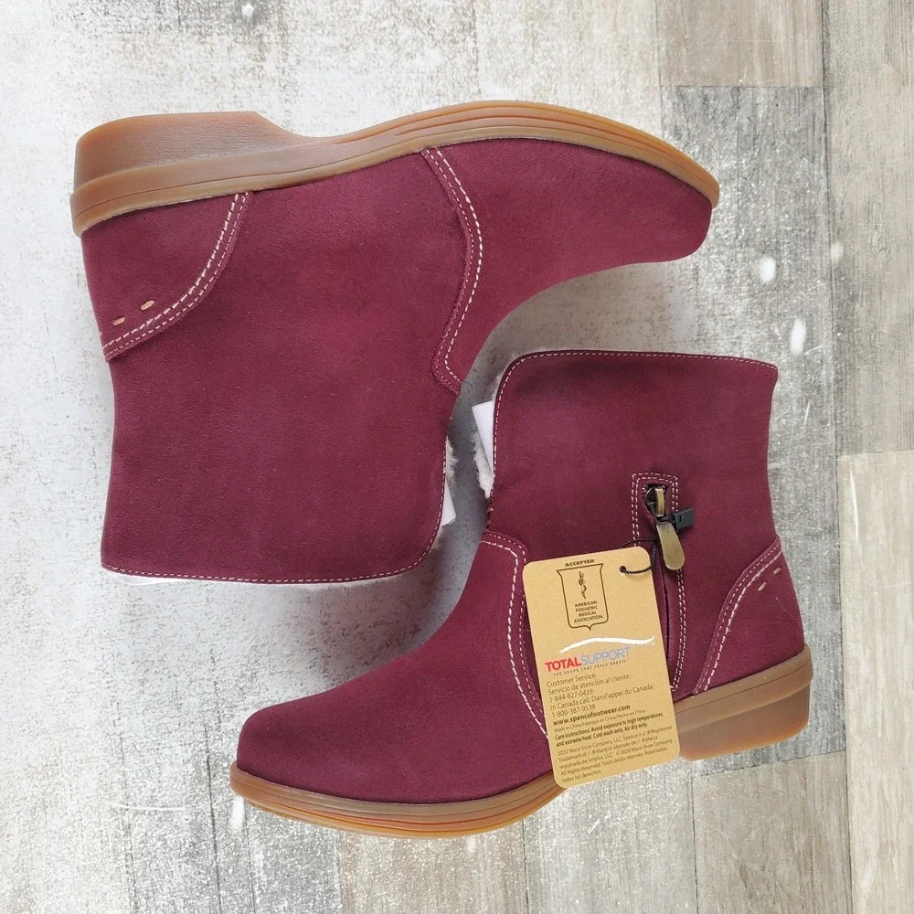 Spenco Sun Valley Womens Ankle Boots Sz 7.5 B Comfort Burgundy Suede Side Zip